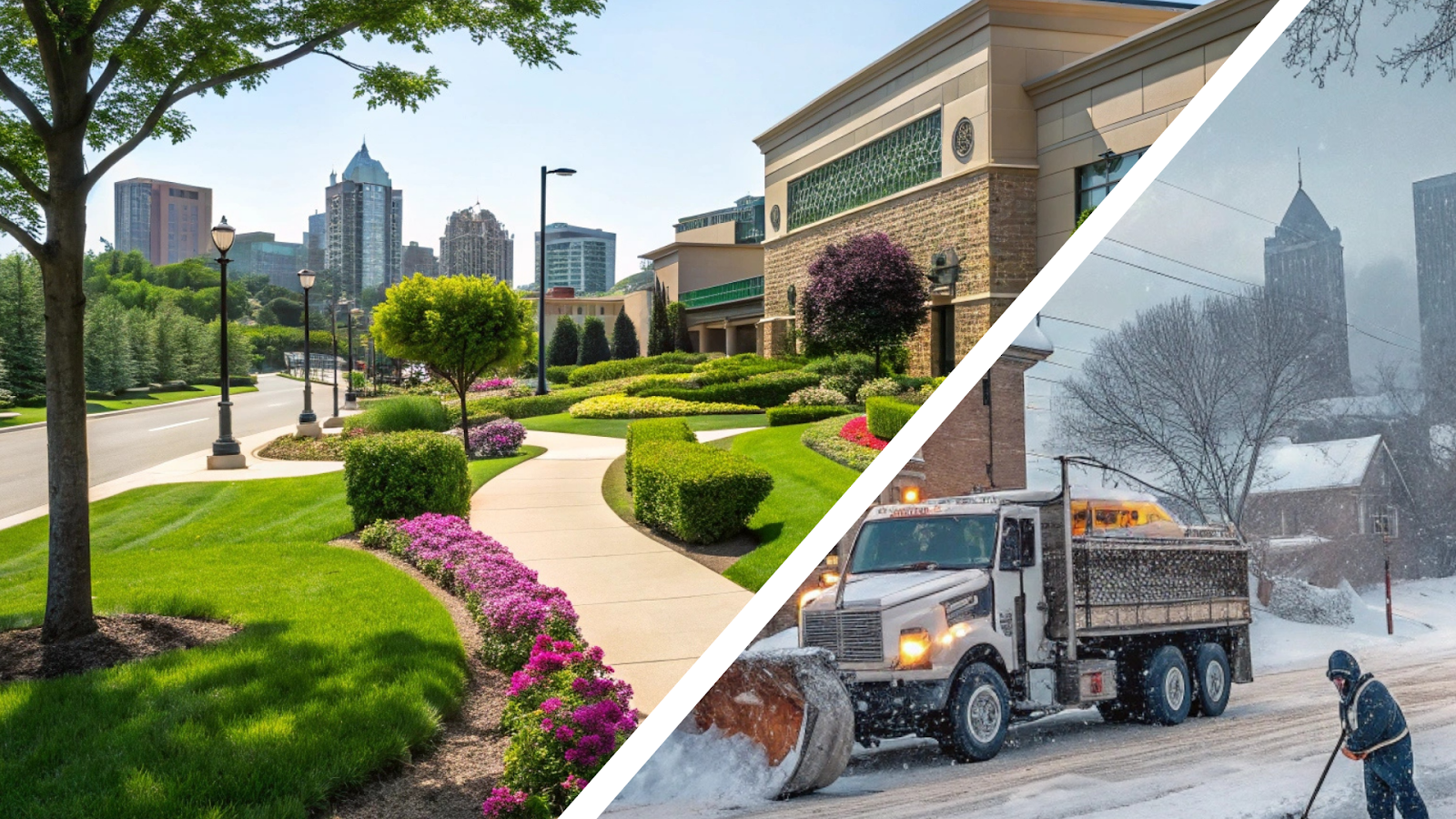 Split view of a city in summer and winter, showing vibrant landscaping during warm weather and snow removal during a harsh winter. Highlights the impact of extreme seasonal changes on urban infrastructure and maintenance requirements in cities like Minneapolis