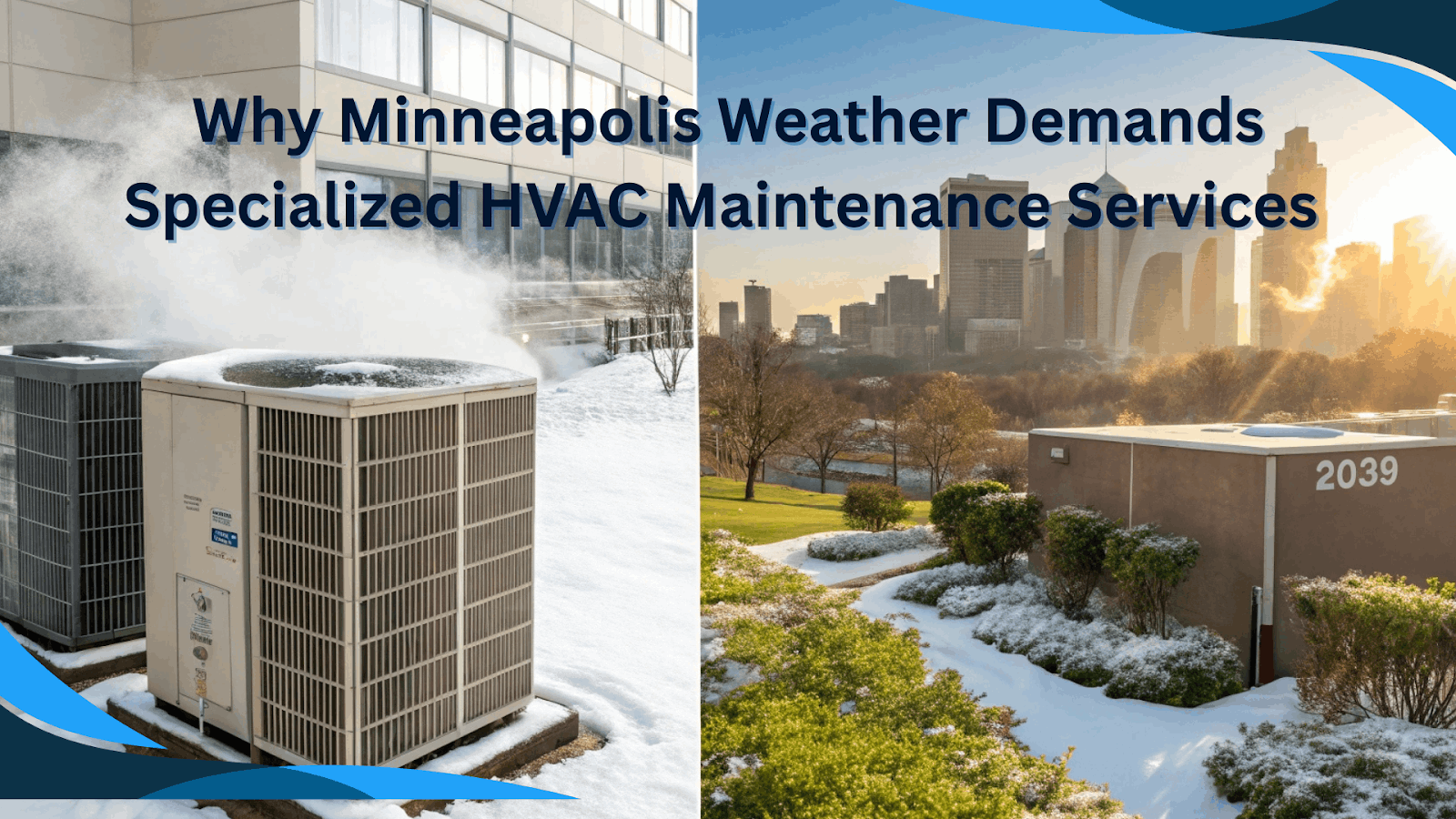 Split image of HVAC systems in snowy conditions and a commercial building surrounded by snow-covered landscaping in Minneapolis. Includes the text 'Why Minneapolis Weather Demands Specialized HVAC Maintenance Services,' underscoring the need for seasonal HVAC expertise.