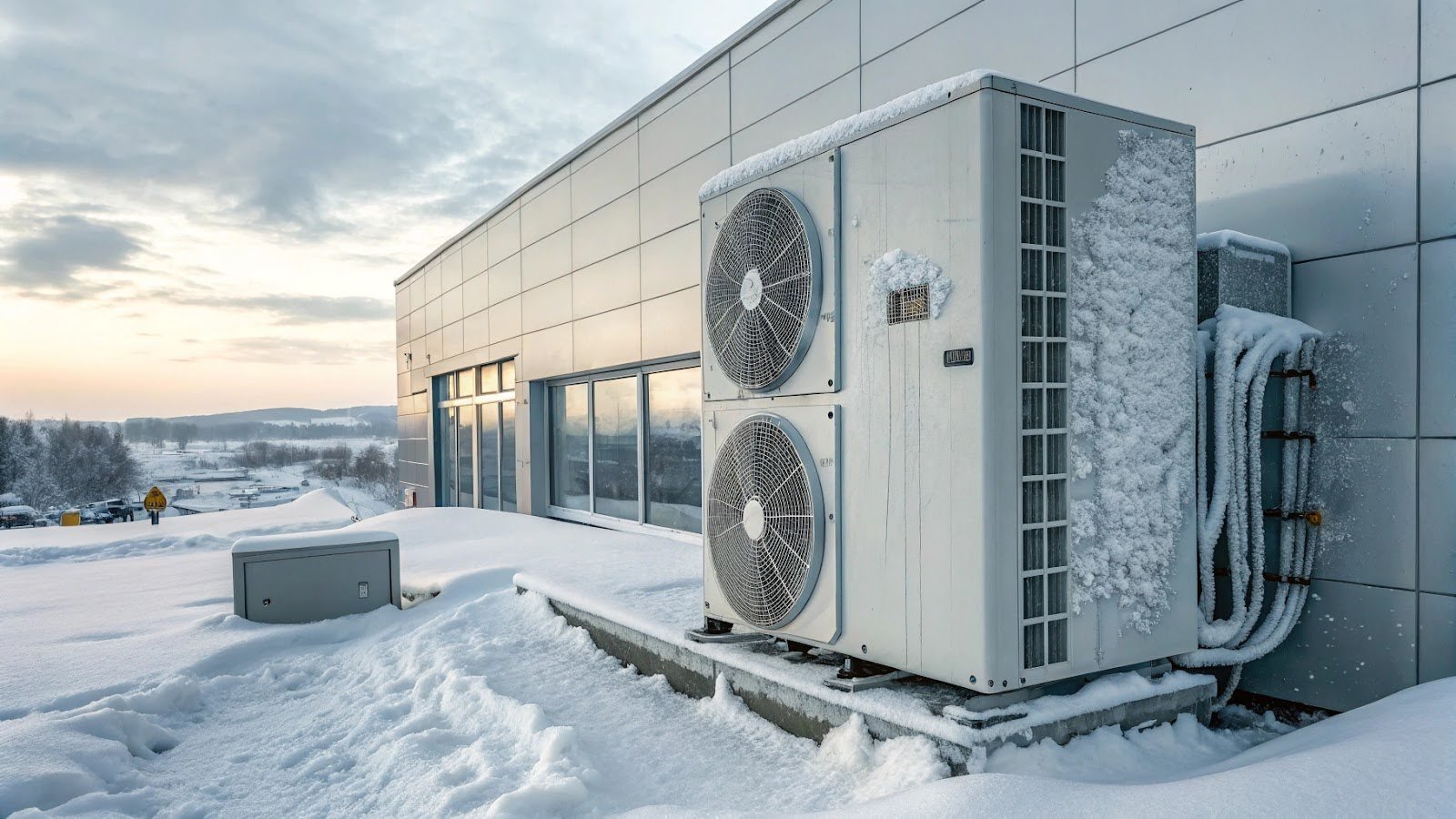 Snow-covered rooftop HVAC unit frozen over during winter, showing the challenges of maintaining commercial heating and cooling systems in cold climates like Minneapolis. Highlights the importance of winter HVAC preparedness and maintenance.