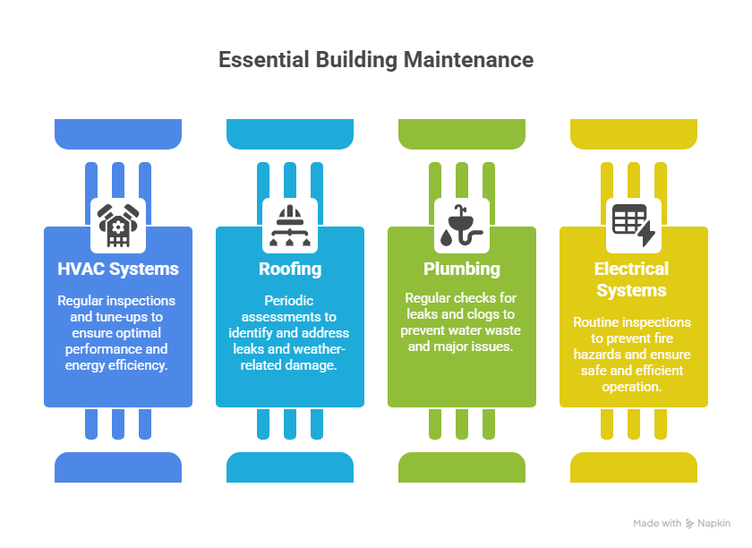 nfographic showing four pillars of essential building maintenance: HVAC systems, roofing, plumbing, and electrical systems with descriptions of routine tasks.