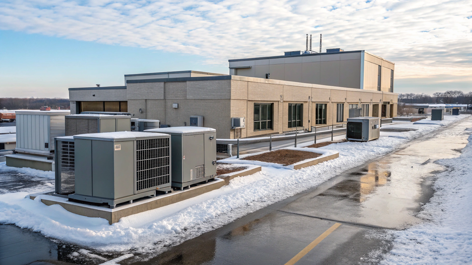 Commercial building rooftop with HVAC units in snowy Minneapolis conditions, highlighting the importance of winter building maintenance and seasonal inspections.