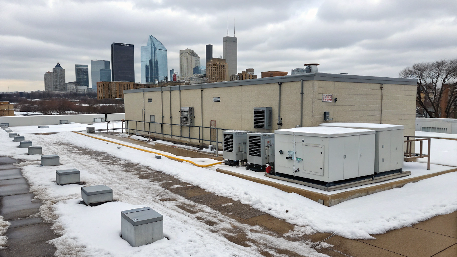 Commercial building rooftop HVAC systems in winter with snow accumulation in Minneapolis