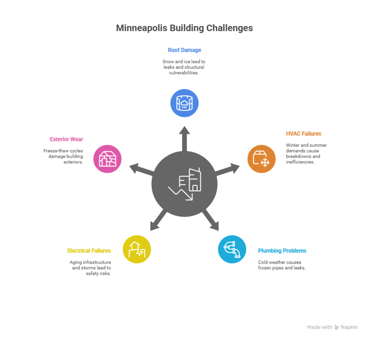 Infographic of Minneapolis commercial building challenges including roof damage, HVAC failures, plumbing problems, electrical failures, and exterior wear.