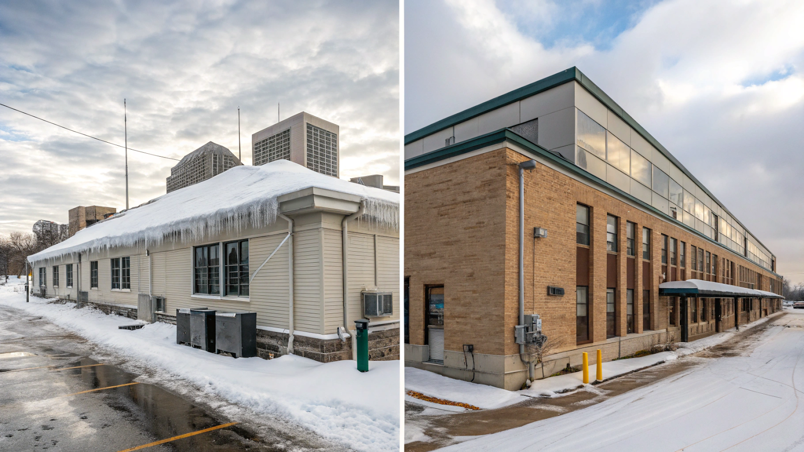 Side-by-side comparison of two Minneapolis commercial buildings in winter, one with heavy snow and ice dams on the roof, highlighting seasonal maintenance needs.