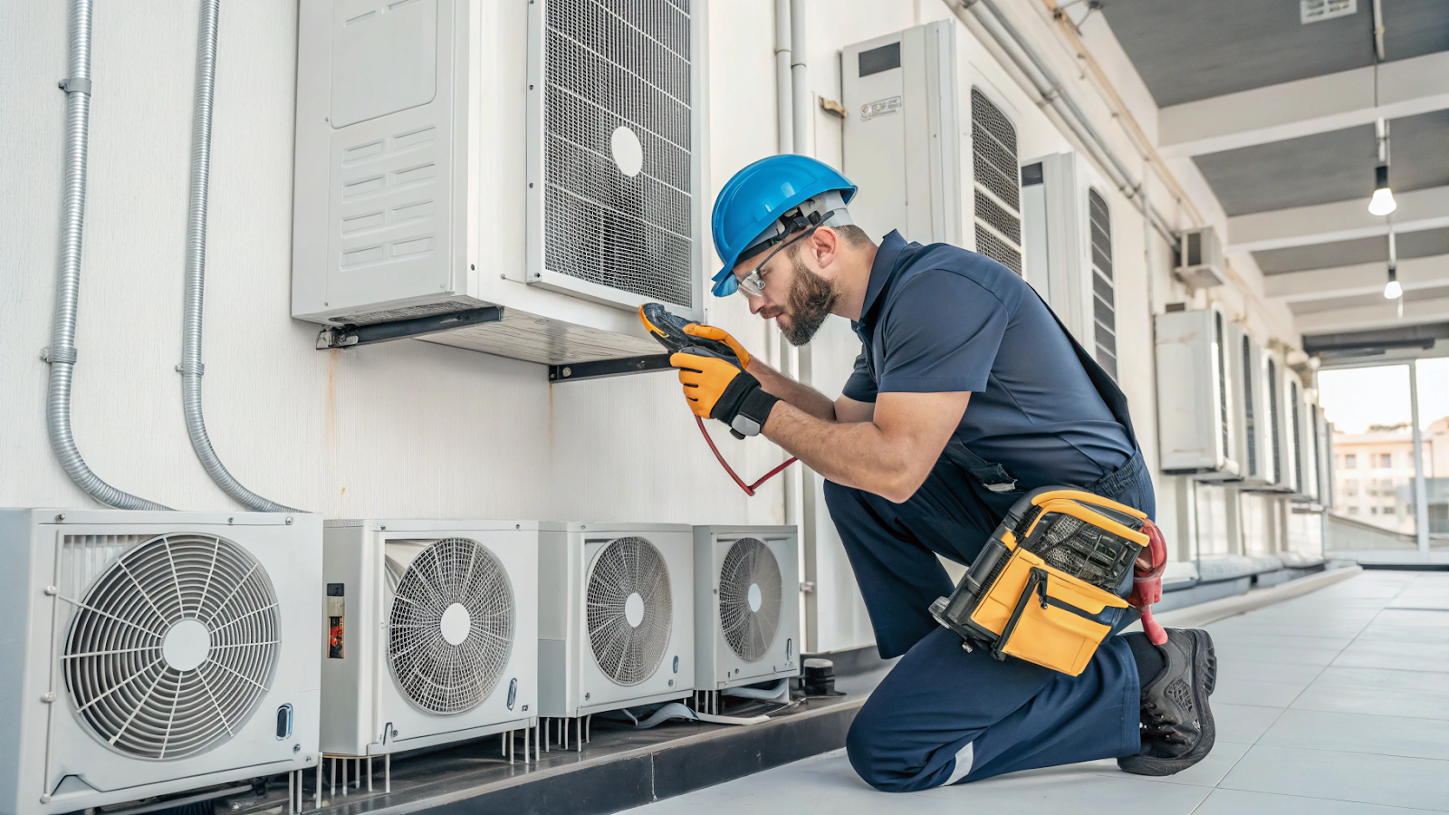 HVAC technician performing preventive maintenance on commercial air conditioning units in Minneapolis building.