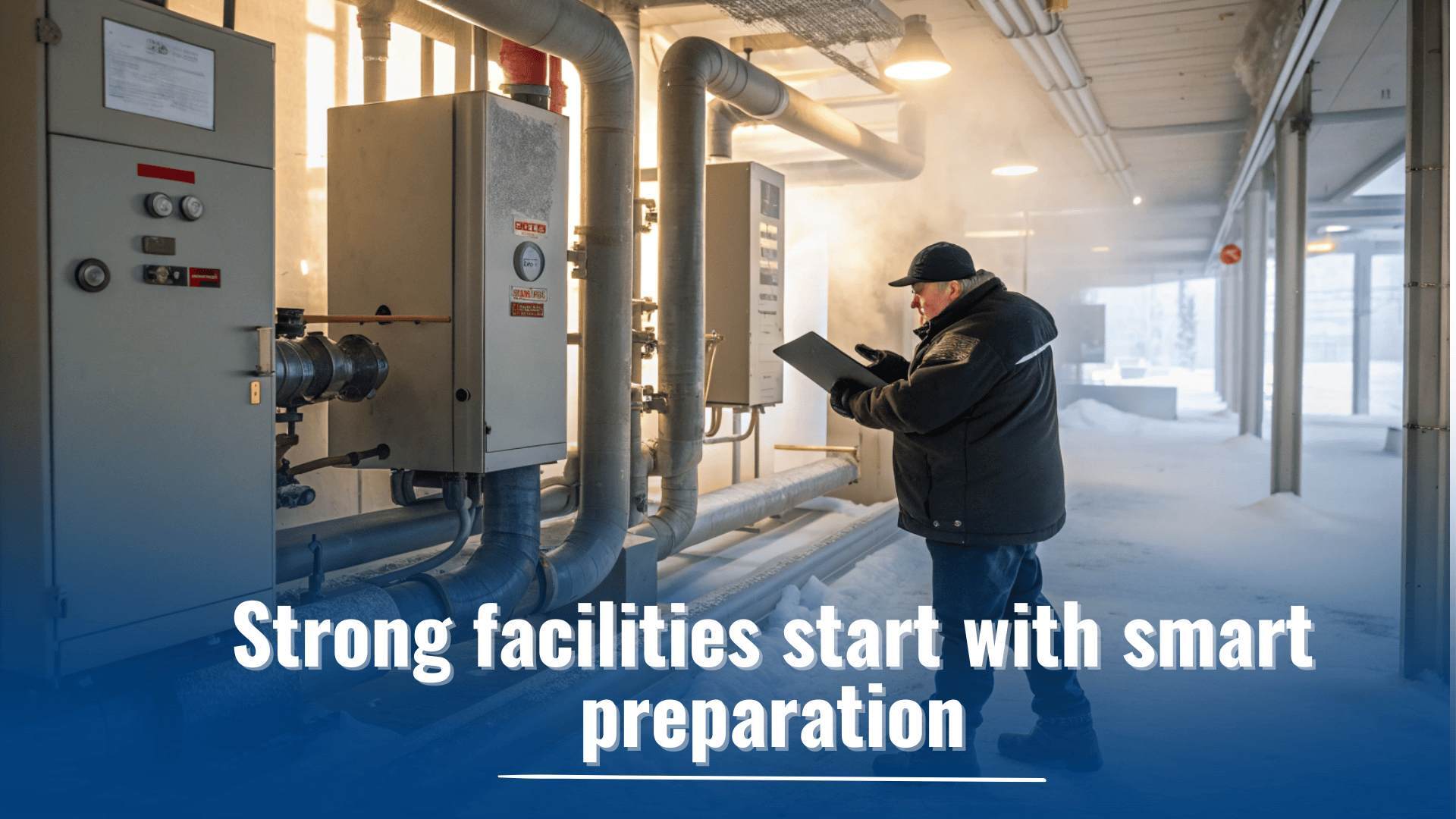 Winter maintenance worker inspecting commercial equipment